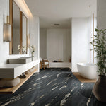 Quartz Obsidian dark porcelain tiles fitted as a dramatic feature wall in a modern interior