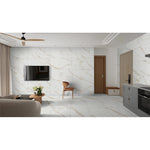 Calacatta Cremino 60x120 polished porcelain tiles fitted to walls and floor of an open-plan living and kitchen space
