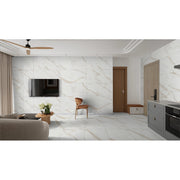 Calacatta Cremino 60x120 polished porcelain tiles fitted to walls and floor of an open-plan living and kitchen space