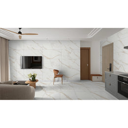 Calacatta Cremino 60x120 polished porcelain tiles fitted to walls and floor of an open-plan living and kitchen space
