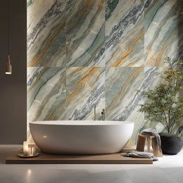 Quartz Jade porcelain tiles used as a dramatic feature wall in a contemporary interior