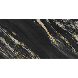 Quartz Obsidian 60x120 polished porcelain tile in near-black with bright mineral veining and a crystal carved finish