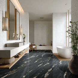 Quartz Obsidian dark porcelain tiles fitted as a dramatic feature wall in a modern interior