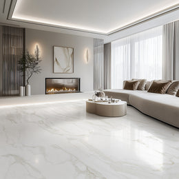 Quartz Strata porcelain tiles fitted as a banded feature wall in a modern interior